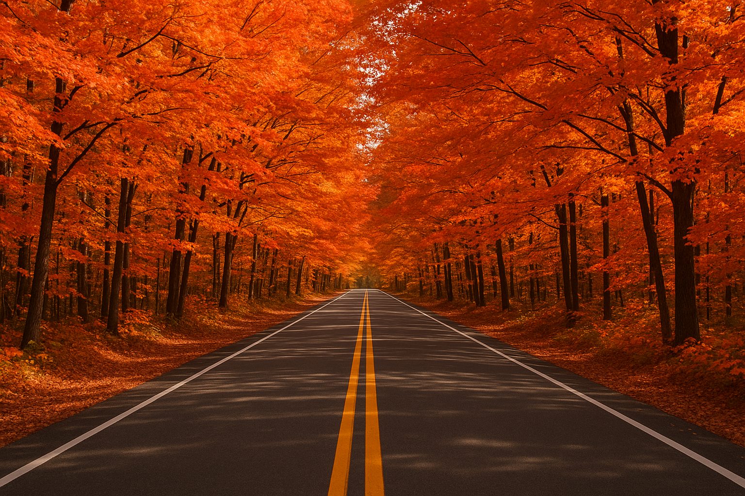 A two-lane Tug Hill road beneath brilliant fall foliage.